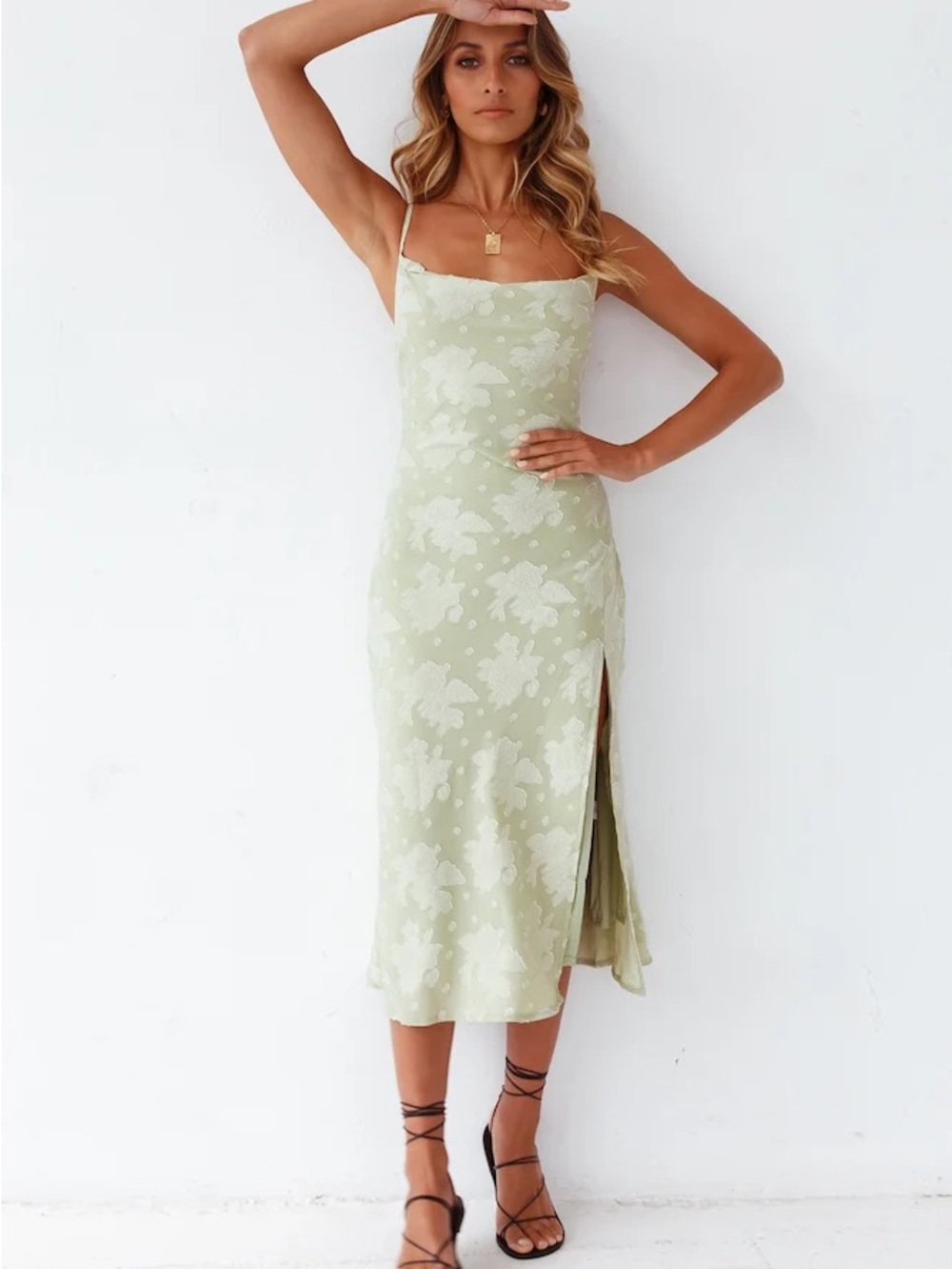 Sage Green Floral Midi Dress with Side Slit